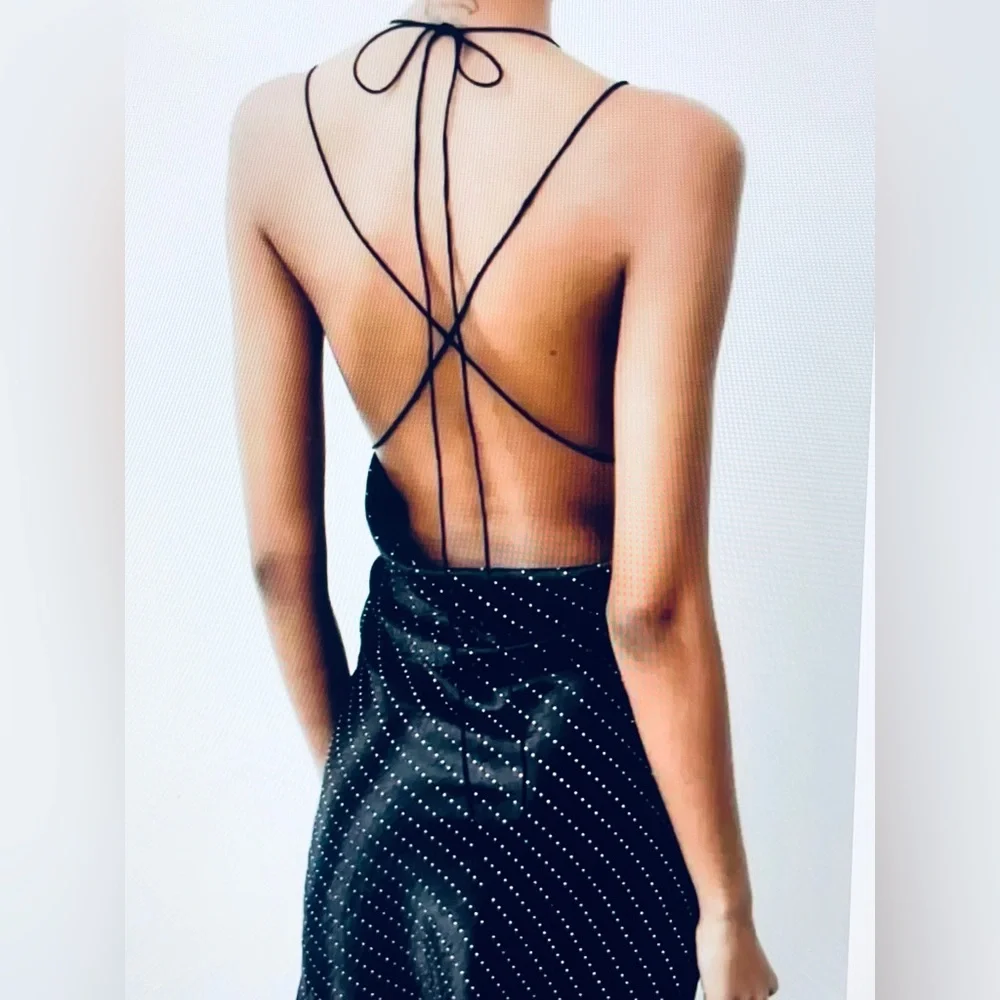 Zara satin effect mini black slip dress with rhinestone details - size XS